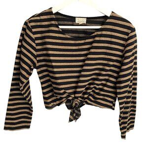 Field Day Made in Oakland Long Sleeve Tie Front Crop Top Black/Gold Striped Sz M